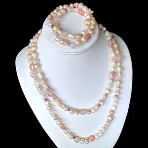 Vintage Honora 40" Pearl & Gemstone Necklace & Bracelet Set Pink Rhodochrosite
